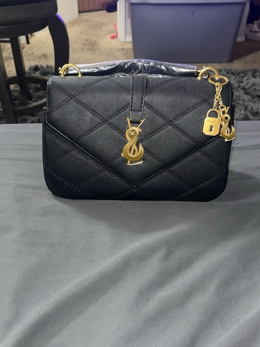 Black Quilted Shoulder Bag with Gold Hardware